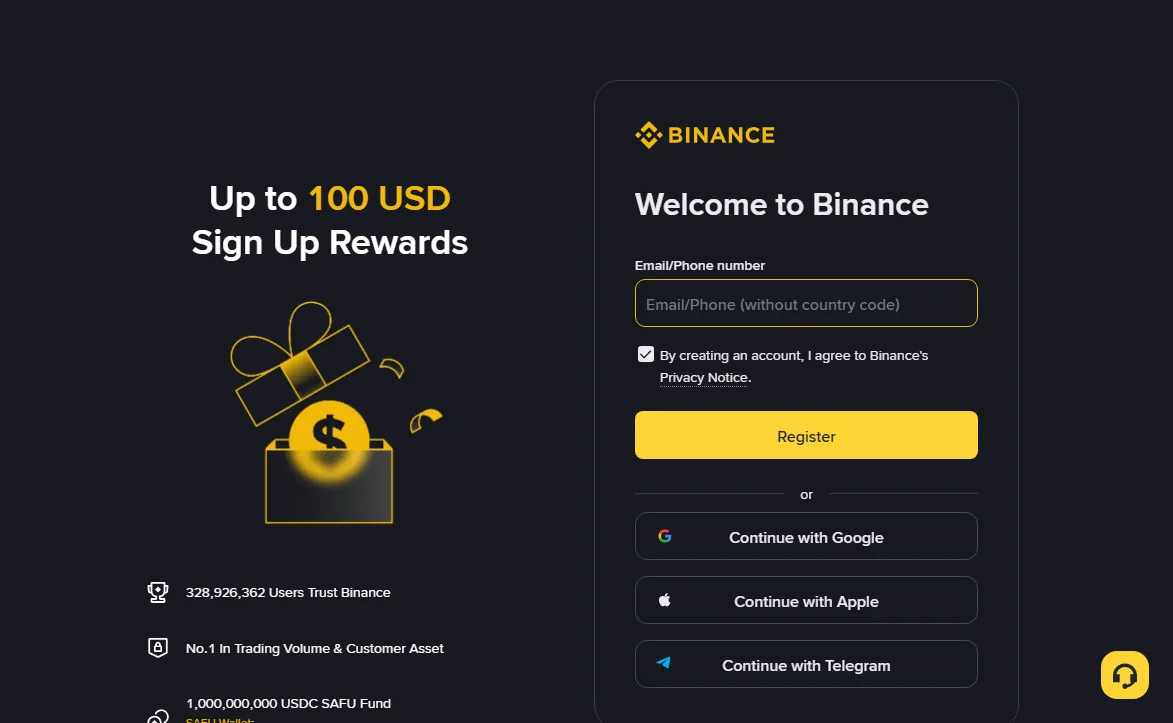 Binance-ի գրանցման էջը անգլերեն միջերեսով, էլեկտրոնային փոստի կամ հեռախոսահամարի դաշտով